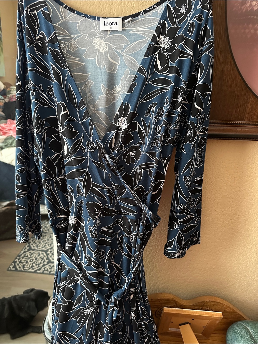 Blue and black faux wrap dress by Leota
